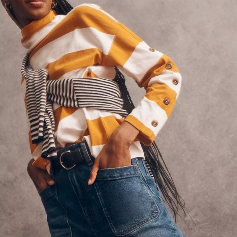 Madewell Striped Button-Sleeve Turtleneck Top Women’s Medium Oversized Casual